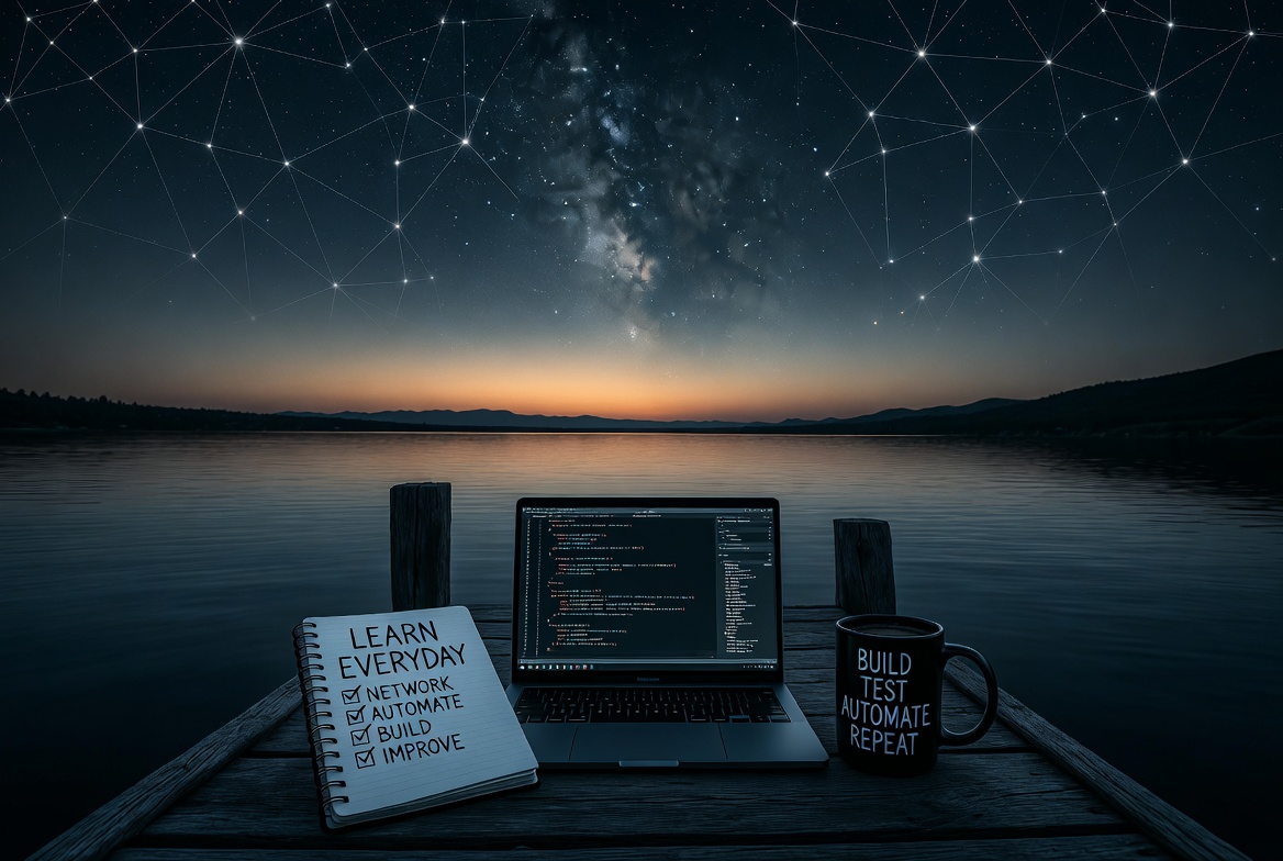 stubbornpackets Homelab by the Lake — laptop, notebook, and coffee on a dock under the stars